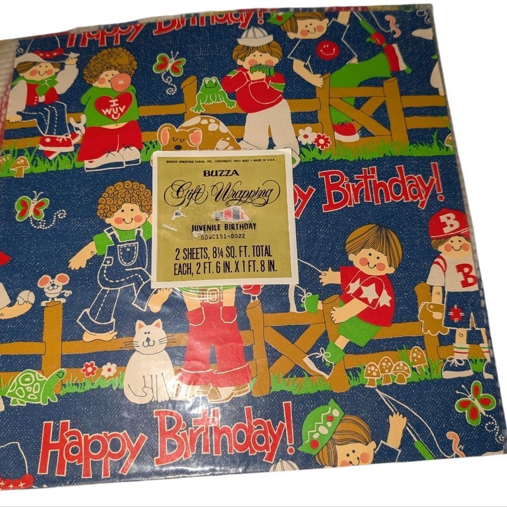 Vintage Buzza Kids Happy Birthday Wrapping‎ Paper NIP Rare